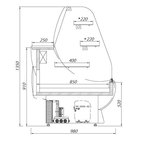 nugatti serve over chilled food and beverage counter technical drawing