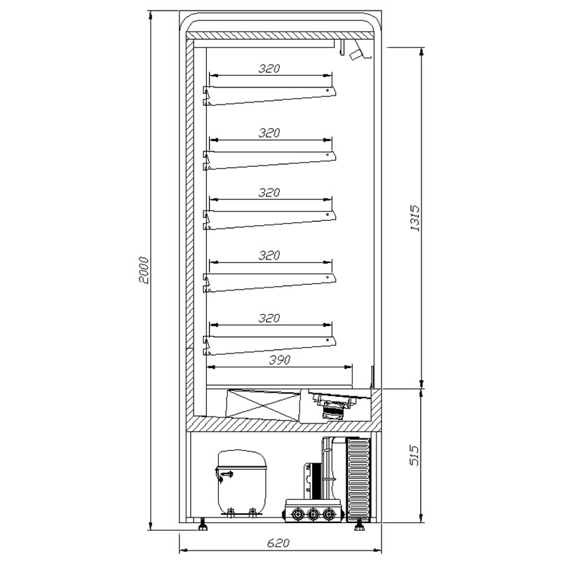 varna multi deck refrigerated display cabinet with roller shutter technical drawing